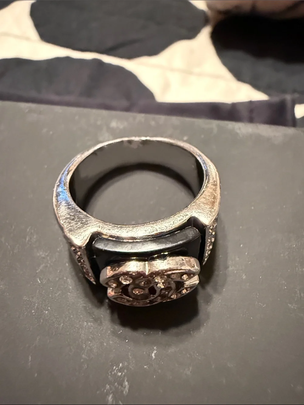 CHANEL Silver and Black Crystal CC Signet Ring